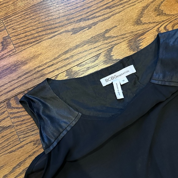 BCBGeneration sheer black tank with leather like detail on shoulders - Picture 2 of 4